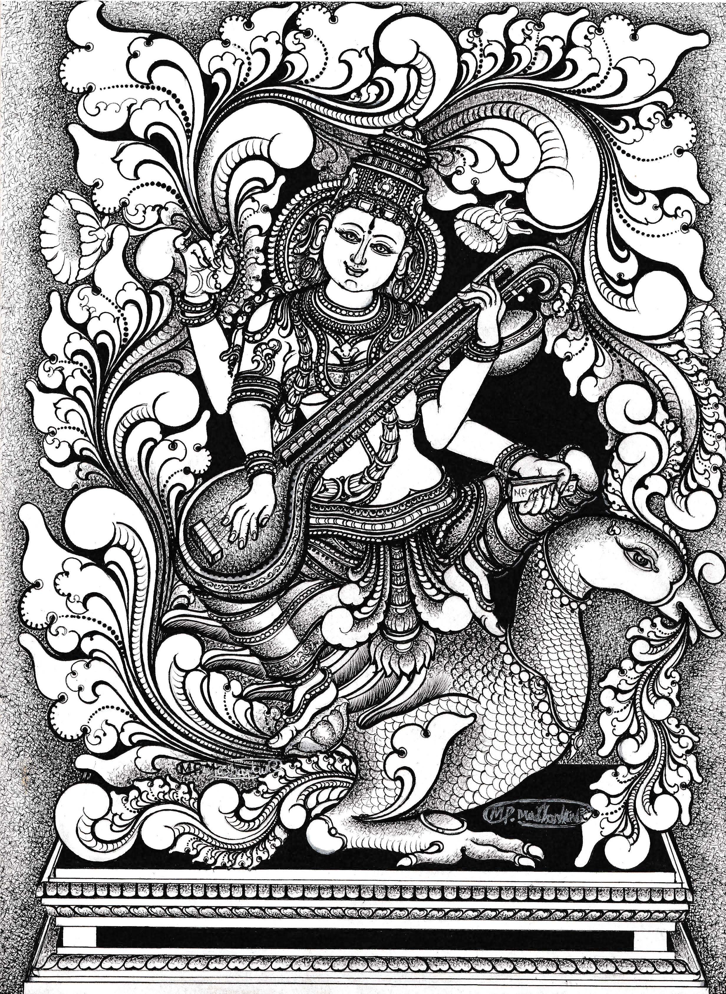 Illustration design of indian goddess saraswati with sitar