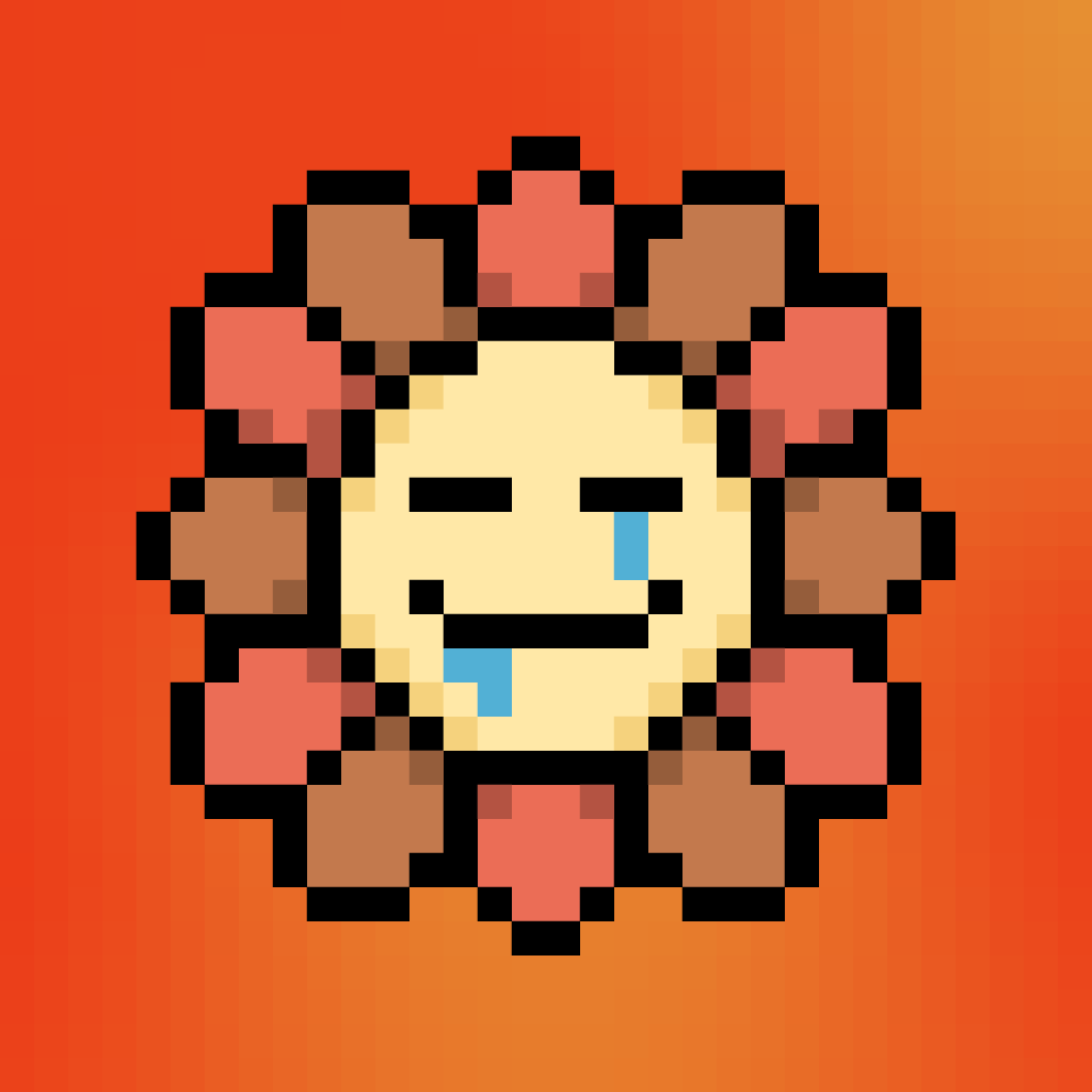 A pixelated red flower with eyes and a mouth looking like flowey from  undertale