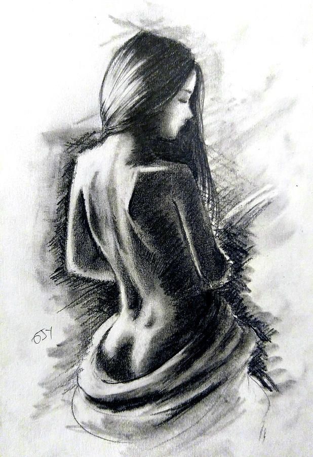 Female nude model, Original figure study, standing pose, sepia charcoal,  pencil, white charcoal on grey paper, from life, full figured