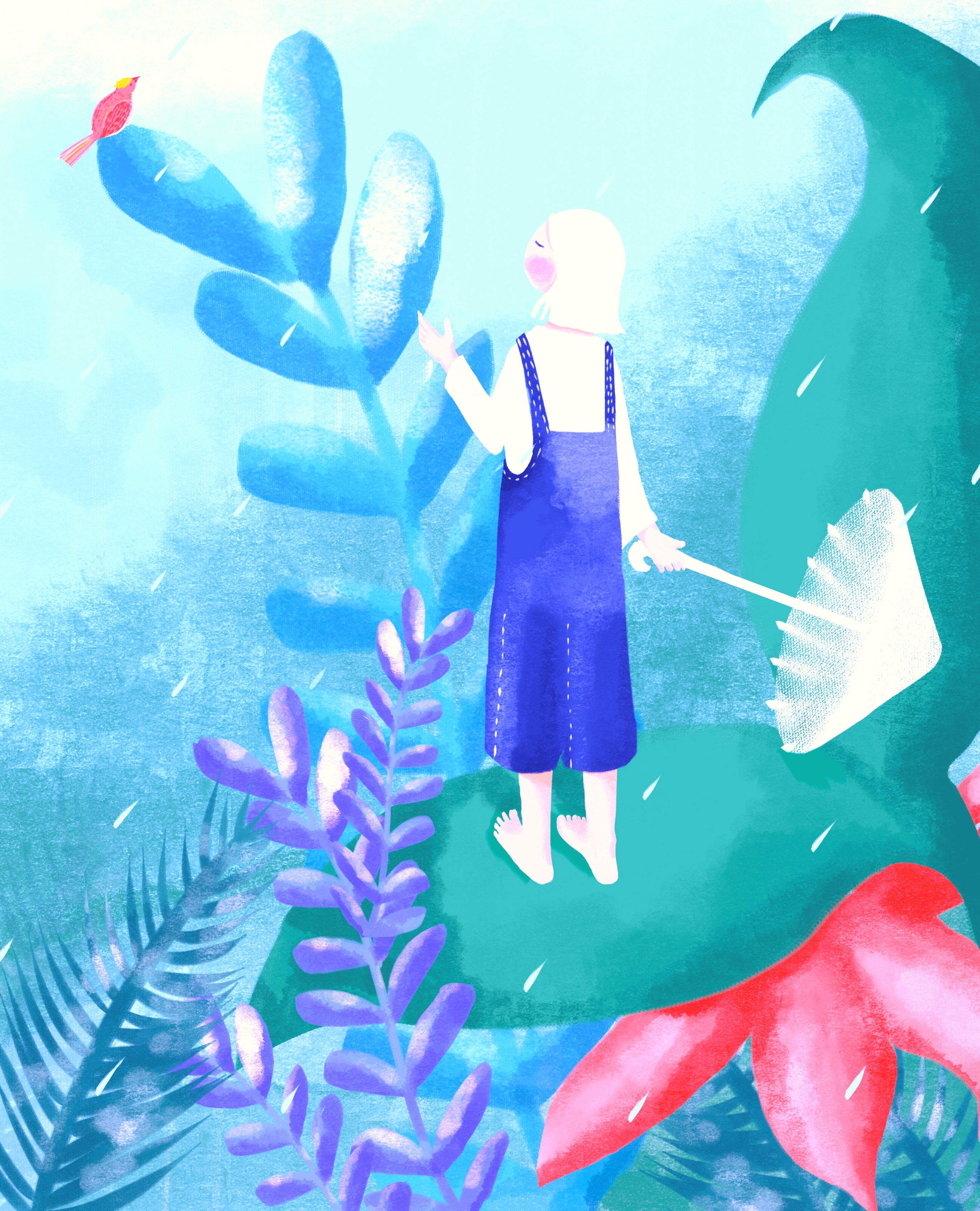 feeling free and flying, anime girl flying over a city, peaceful manga artwork, generative ai technology Stock Illustration